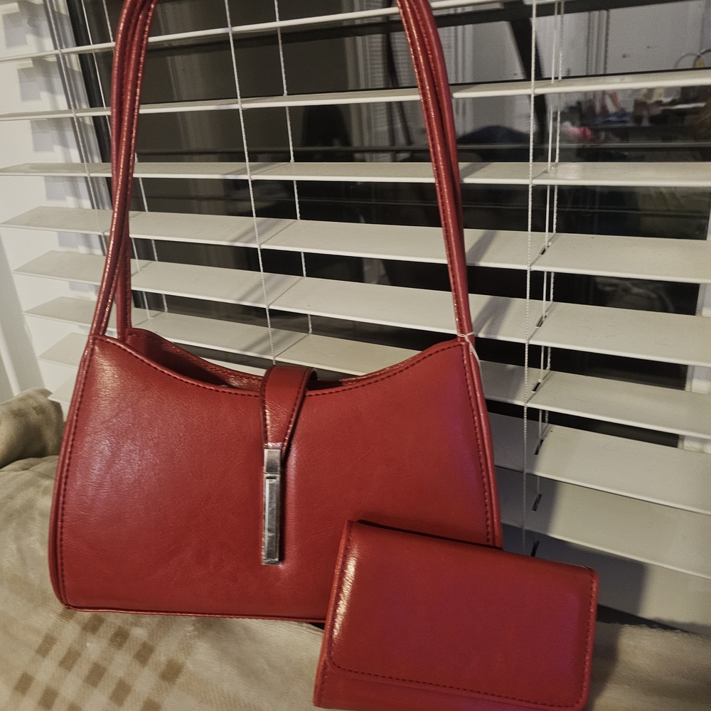 Elegant Red Handbag With Silver Tone Hardware and Wallet Set